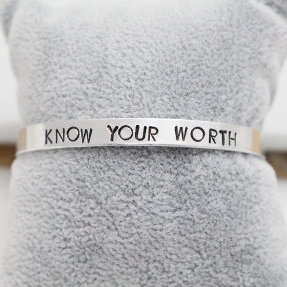 Know Your Worth - Hand Stamped Anodized Aluminum Bangle - Adjustable - Picture 10 of 11